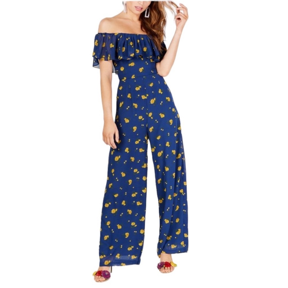 NWT Betsey Johnson Berry Blue & Yellow Floral Off the Shoulder Jumpsuit, size 6